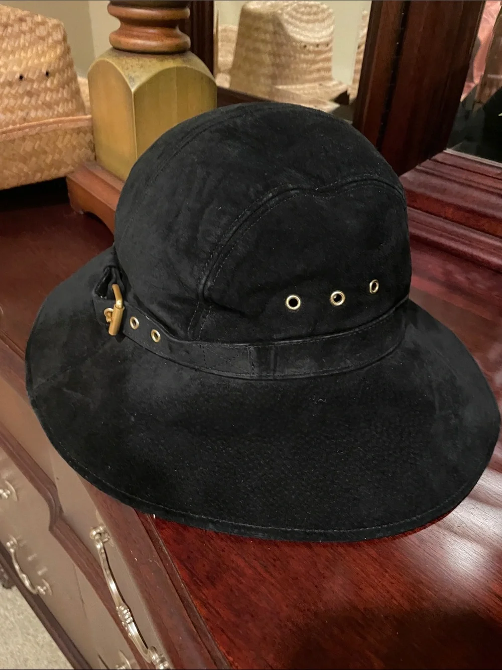 Black Suede Wide Brim Hat with Gold Eyelets - Women Accessories - Picture 1 of 3